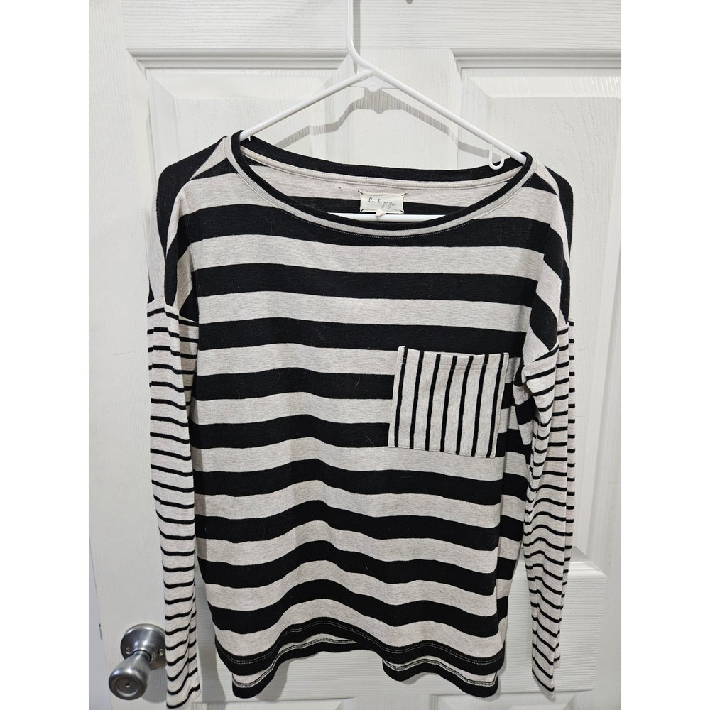 Lou & Grey Striped Long Sleeve Pocket Tee Black‎ Grey Small Relaxed Fit Top